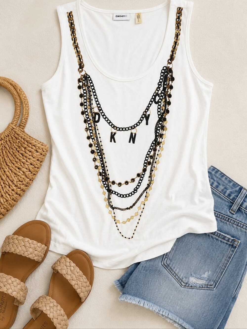 DKNYC White Beaded Necklace Graphic Tank Top